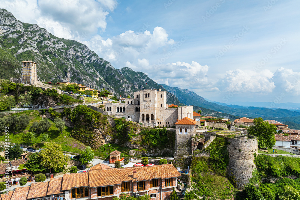 Obraz premium Kruje and Mount Kruje from a drone, Ishem River, Albania