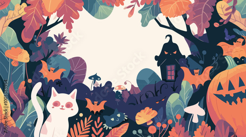 Flat lay Vector Illustration hand drawn flat halloween frame template, Happy Halloween