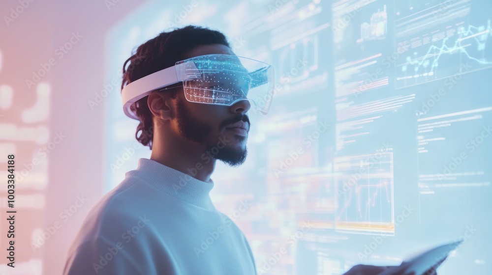 A person wearing futuristic glasses interacts with digital data displays. A person wearing futuristic glasses interacts with digital data displays.