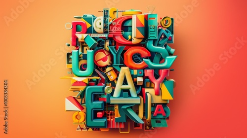 Vibrant Typographic Abstract Art Composition with Colorful Geometric Shapes and Patterns