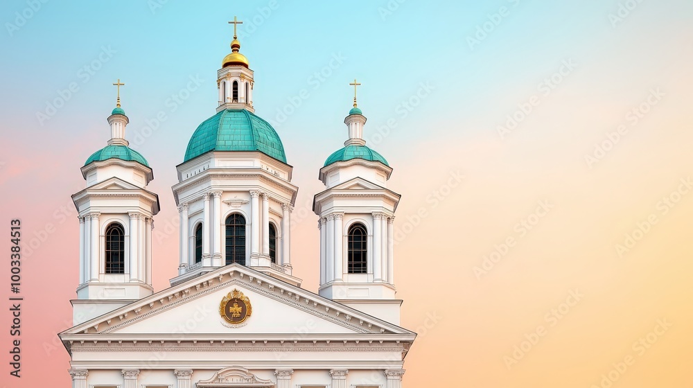 Fototapeta premium White Church with Green Domes Against a Pink and Blue Sky