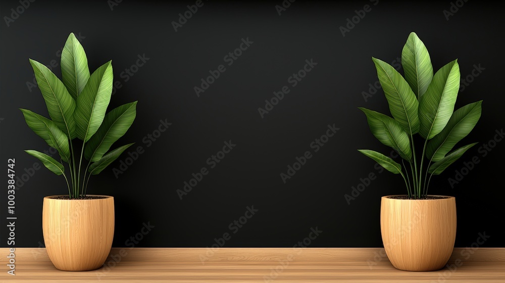 Fototapeta premium Minimalist Interior Design with Green Plants in Wooden Pots on a Black Wall and Wooden Flo