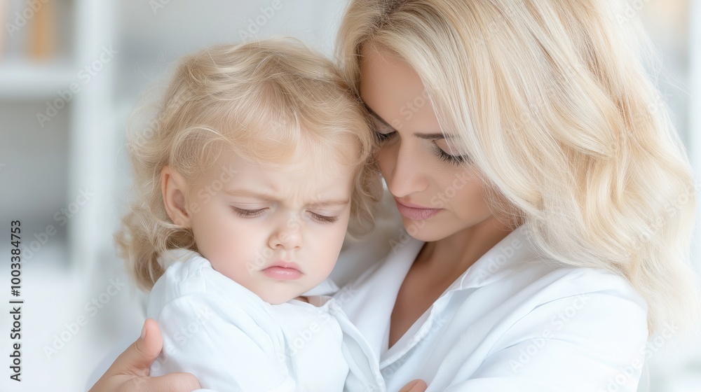 A parent comforts a toddler in distress from an ear infection in a softly lit, soothing environment A parent comforts a toddler in distress from an ear infection in a softly lit, soothing environment