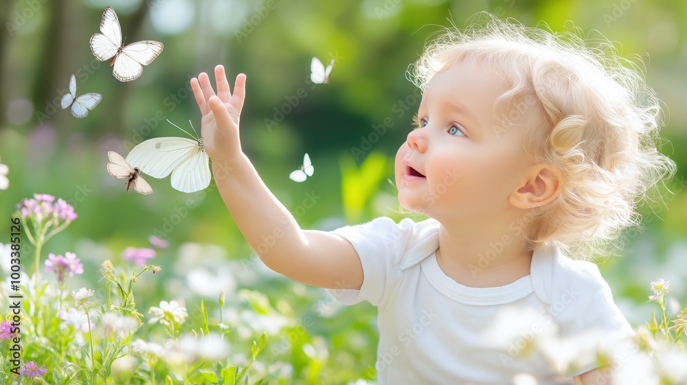 A curious toddler exploring a vibrant flower garden, reaching for butterflies and blooms on a sunny day A curious toddler exploring a vibrant flower garden, reaching for butterflies and blooms on a sunny day