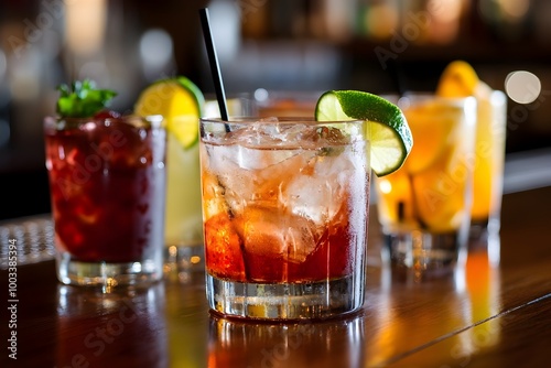 Vibrant Cocktail Composition with Assorted Drinks and Garnishes on Wooden Tabletop