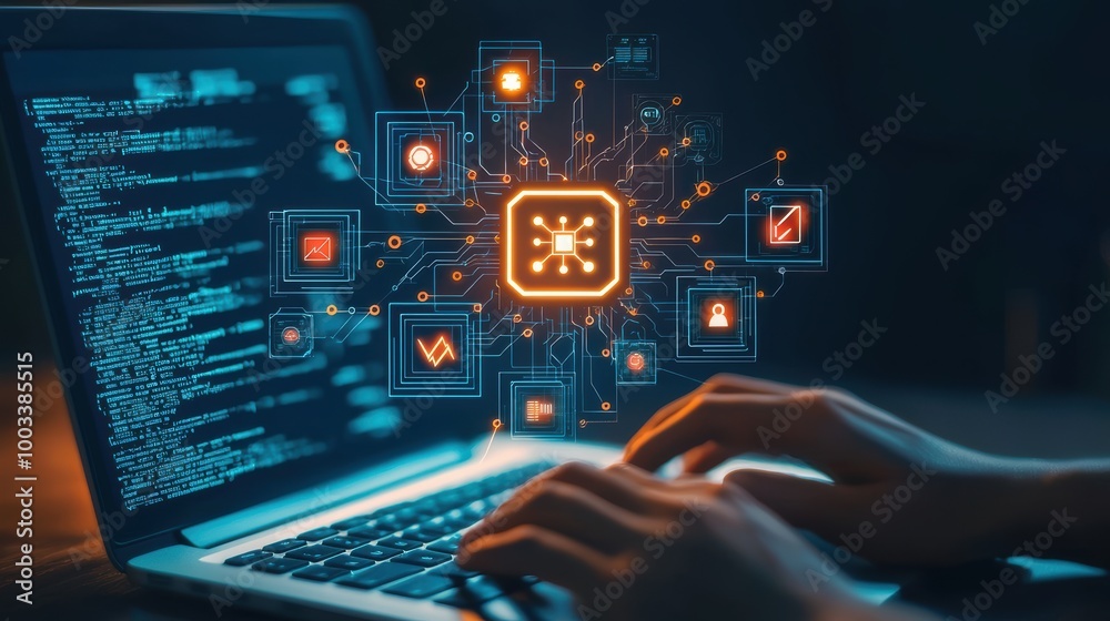 image depicts person typing on laptop with digital icons representing technology and data surrounding screen, conveying sense of innovation and connectivity. image depicts person typing on laptop with digital icons representing technology and data surrounding screen, conveying sense of innovation and connectivity.