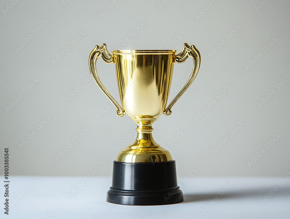 A shiny golden trophy, gleaming under soft light, on a white surface A shiny golden trophy, gleaming under soft light, on a white surface