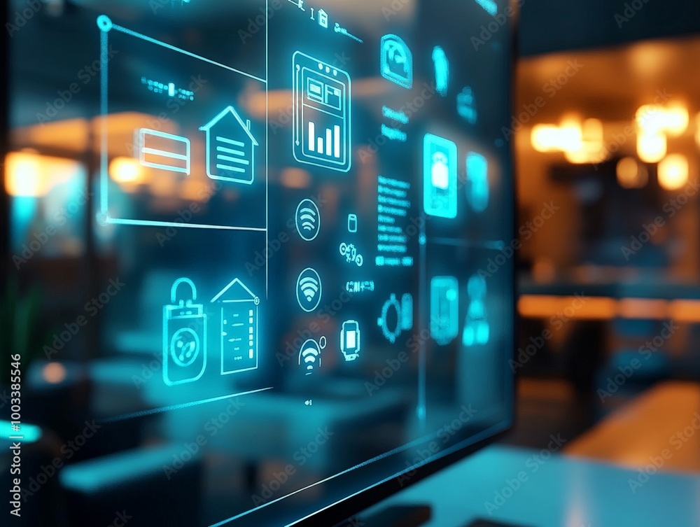 Fototapeta premium A smart home control center displaying IoT security measures, with all connected devices protected by encryption and firewalls.