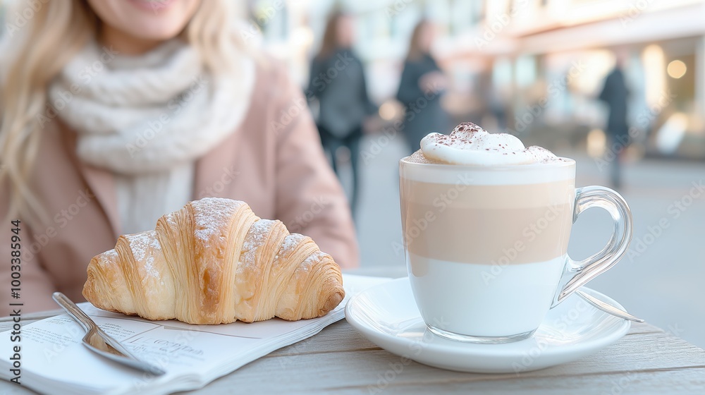 A woman enjoys a warm croissant and latte at a cozy outdoor café as autumn leaves swirl around her A woman enjoys a warm croissant and latte at a cozy outdoor café as autumn leaves swirl around her
