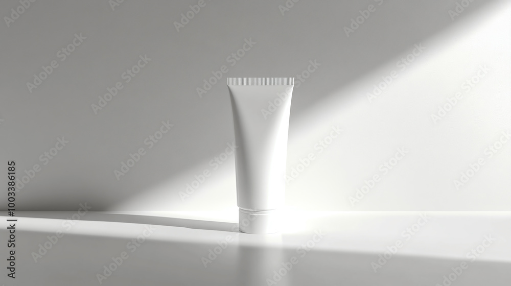 Modern Minimalist White Cream Tube on Reflective Surface with Soft Shadow, Highlighting Sleek Design and Pure Aesthetic Modern Minimalist White Cream Tube on Reflective Surface with Soft Shadow, Highlighting Sleek Design and Pure Aesthetic