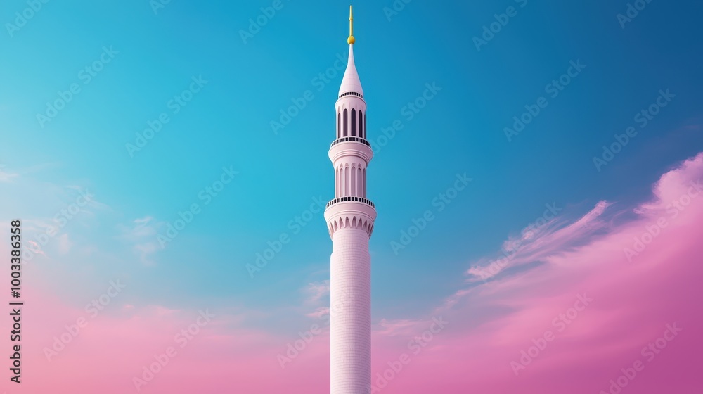White Minaret Against Blue and Pink Sunset Sky White Minaret Against Blue and Pink Sunset Sky