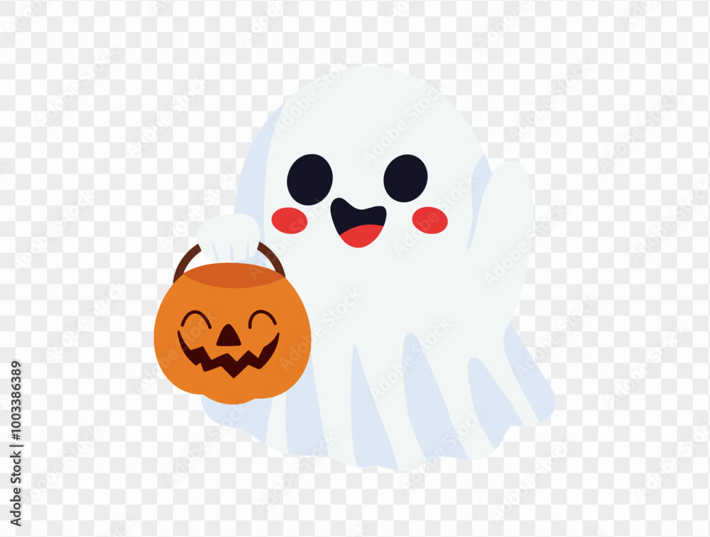 Obraz premium Happy cute smile ghost holding pumpkin bucket isolated on png or transparent background.Halloween party banner. vector