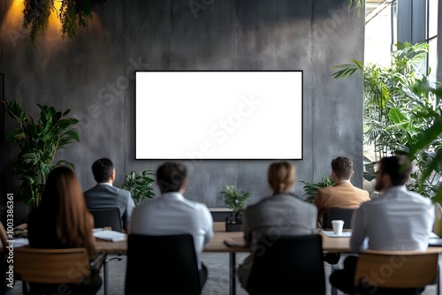 A group of businesspeople sitting around a conference table in a modern well lit boardroom looking at a large blank TV screen displayed on the wall