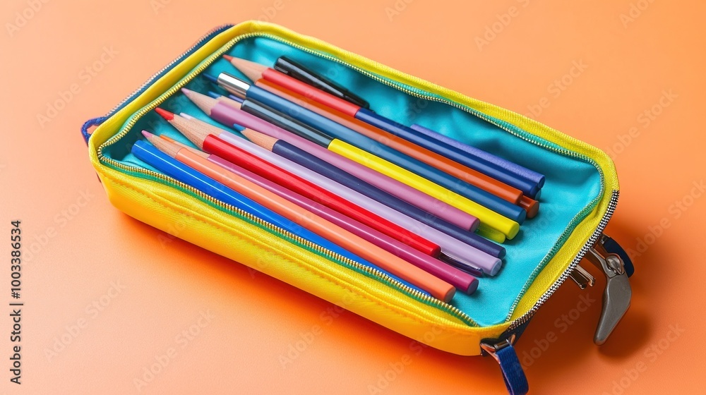 Photograph a vibrant pencil case opened to reveal an assortment of colorful pens, pencils, and erasers, arranged in an organized and eye-catching manner. Photograph a vibrant pencil case opened to reveal an assortment of colorful pens, pencils, and erasers, arranged in an organized and eye-catching manner.