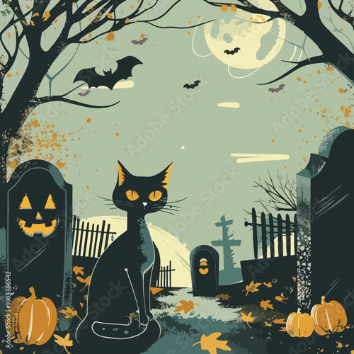 Flat lay Vector Illustration happy halloween cat background in the cemetery, Happy Halloween