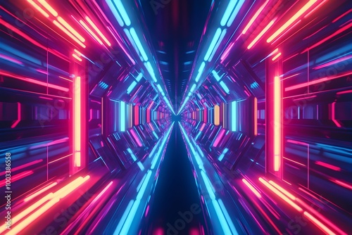 A vibrant and pulsating array of neon lights and geometric shapes forming a captivating tunnel like structure with a futuristic energetic and immersive atmosphere