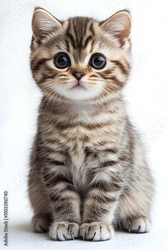 and Vibrant Portrait of a Curious and Adorable Scottish Fold Kitten Sitting on a Plain White Background and Staring Directly at the with a Bright and Clean Appearance