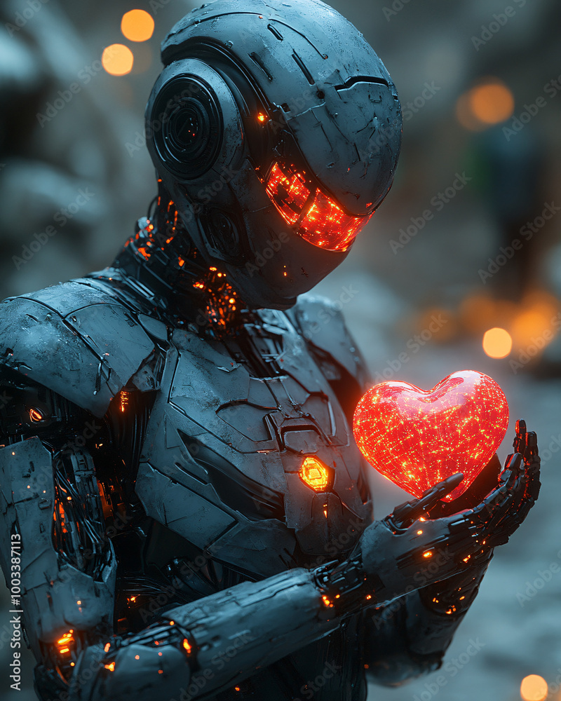 Fototapeta premium cyberpunk robot holding glowing heart - sci-fi ai love concept