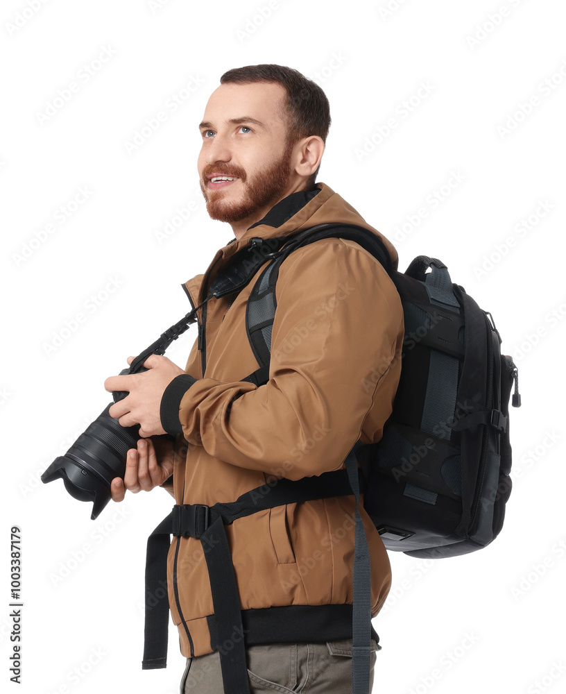 Photographer with backpack and camera on white background Photographer with backpack and camera on white background
