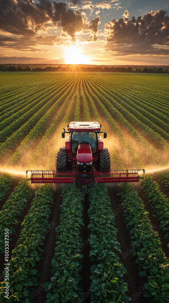 Red tractor spraying a field at sunset.