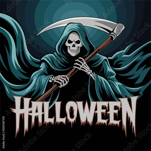 Grim Reaper holding a scythe with Halloween text.