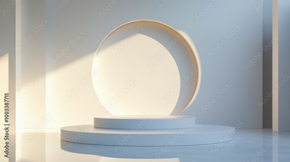 Minimalist White Circular Platform with Sunlight and Shadows Minimalist White Circular Platform with Sunlight and Shadows