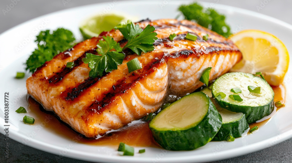 A perfectly grilled salmon fillet, drizzled with a savory glaze and served with fresh cucumber slices, lemon wedges, and parsley. The ultimate healthy and delicious seafood dish for a gourmet meal. A perfectly grilled salmon fillet, drizzled with a savory glaze and served with fresh cucumber slices, lemon wedges, and parsley. The ultimate healthy and delicious seafood dish for a gourmet meal.