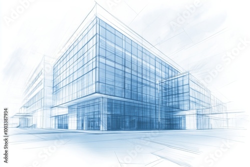 Architectural blueprint of a modern commercial building design in an urban setting showcasing innovative features and clean lines