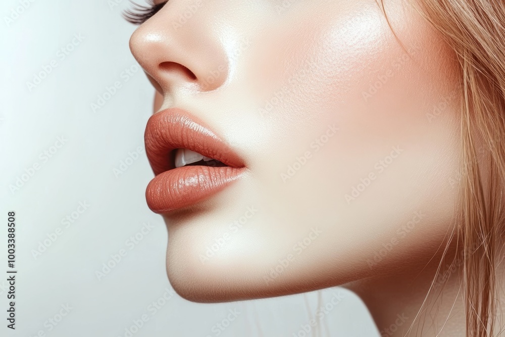 A stunning close-up of a woman's face showing healthy skin and natural makeup with soft lips and fresh hair against a white background A stunning close-up of a woman's face showing healthy skin and natural makeup with soft lips and fresh hair against a white background