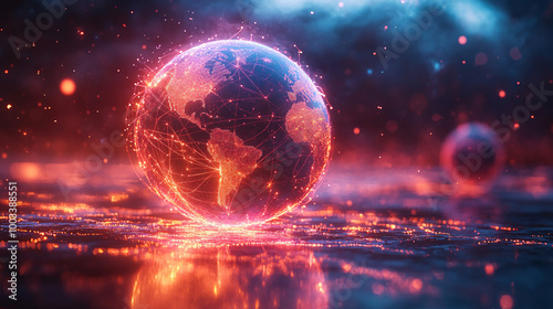 glowing digital earth with red and blue lights - futuristic technology background