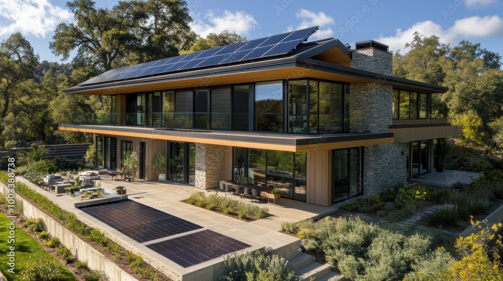 Photograph solar panels on a modern home, showcasing the integration of eco-friendly technology in residential design Photograph solar panels on a modern home, showcasing the integration of eco-friendly technology in residential design