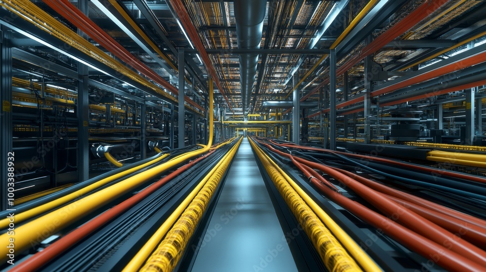 Futuristic 3D Grid of Industrial Cables and Wires - Chaotic Order in Factory Energy Conduits Futuristic 3D Grid of Industrial Cables and Wires - Chaotic Order in Factory Energy Conduits