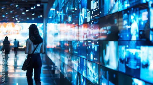 Woman walks past a wall of digital screens in a futuristic environment.