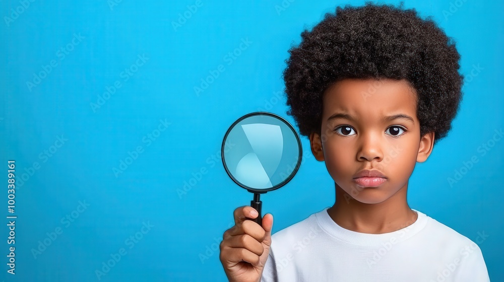 Curious Young Boy Holding Magnifying Glass Exploration Science Discovery Curious Young Boy Holding Magnifying Glass Exploration Science Discovery