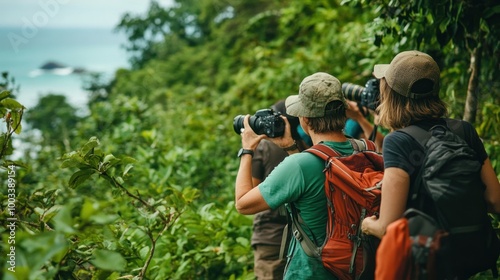 Photograph tourists participating in eco-tourism activities, such as hiking and wildlife watching, promoting responsible travel practices  photo
