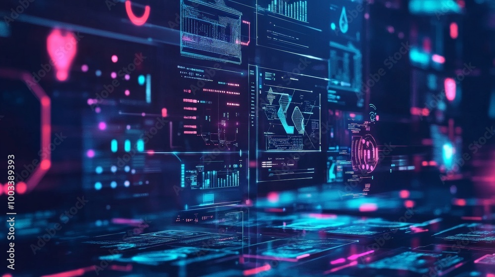 AI-driven cybersecurity system analyzing data in real-time, with machine learning algorithms detecting and blocking cyber threats. AI-driven cybersecurity system analyzing data in real-time, with machine learning algorithms detecting and blocking cyber threats.