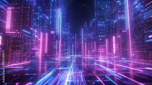 Wallpaper Mural Futuristic Cityscape with 3D Geometric Structures and Neon Lights - Urban Metropolis at Night with Crowded Streets and Moving Figures Torontodigital.ca