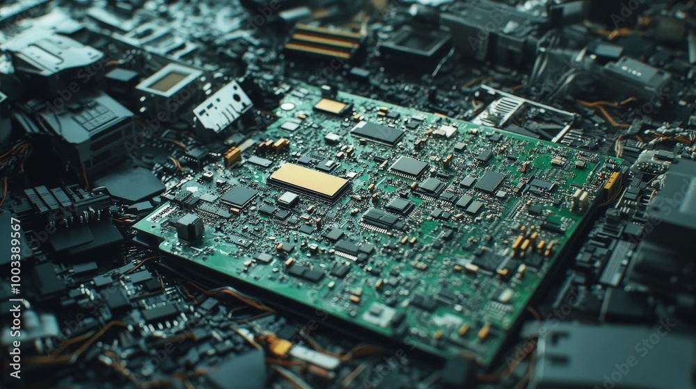 An e-waste recycling facility where electronic components such as circuit boards and semiconductors are dismantled and recycled. An e-waste recycling facility where electronic components such as circuit boards and semiconductors are dismantled and recycled.
