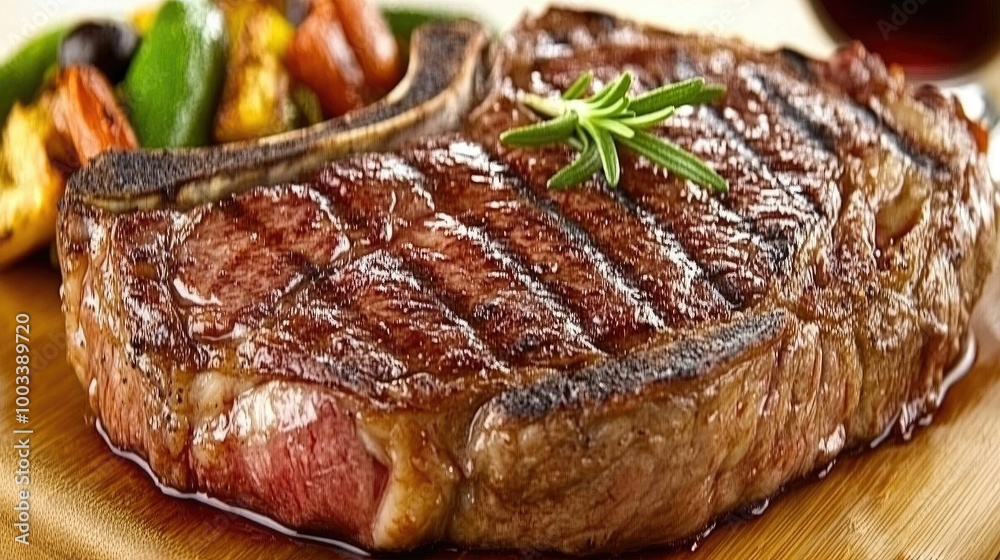 Perfectly Grilled Ribeye Steak on Wooden Board Perfectly Grilled Ribeye Steak on Wooden Board