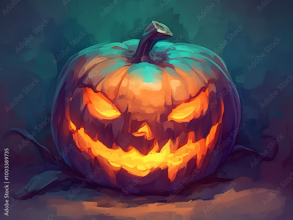 Fototapeta premium A jack-o'-lantern with a classic sculpted face, featuring triangular eyes and a wide, jagged smile, drawn in a cartoonish style