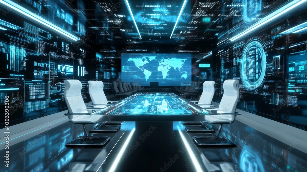 Fototapeta premium Modern futuristic conference room with a large screen displaying a world map, surrounded by digital interfaces.