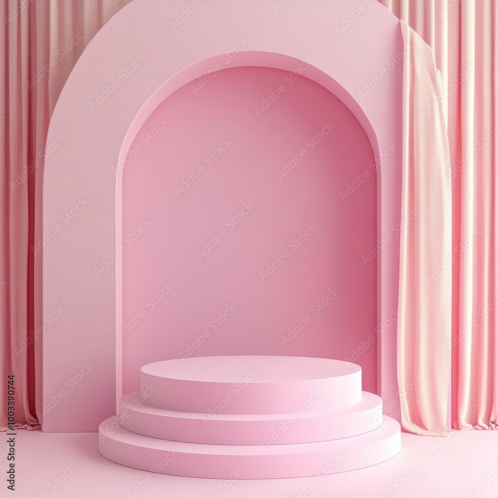 Podium in the room with pink curtain, 3d render. Podium in the room with pink curtain, 3d render.