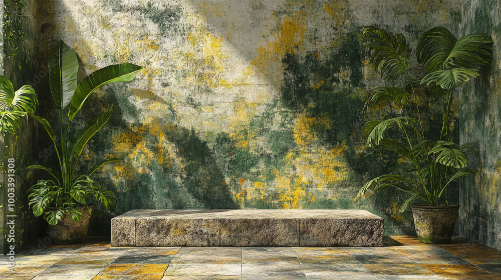 Obraz premium A stone platform with tropical plants in front of a textured green and yellow wall.