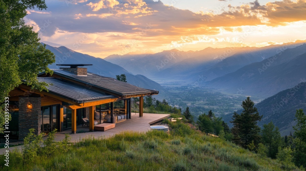 Modern house overlooking a valley at sunset, with mountains in the background. Modern house overlooking a valley at sunset, with mountains in the background.