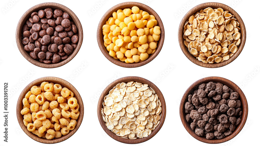 Variety of Cereals in Wooden Bowls Top View