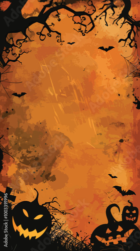 Flat lay Vector Illustration of Grunge Background Featuring Halloween Silhouettes, Happy Halloween