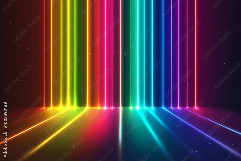 Vibrant abstract rainbow spectrum with glowing parallel lines shining against a dark backdrop, creating a mesmerizing light display