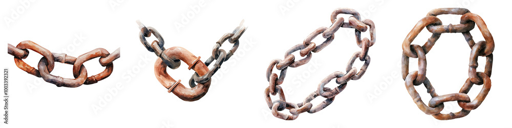 Fototapeta premium Broken chains clipart, symbol of overcoming obstacles, watercolor style, bold metallic and earth tones, isolated on white background