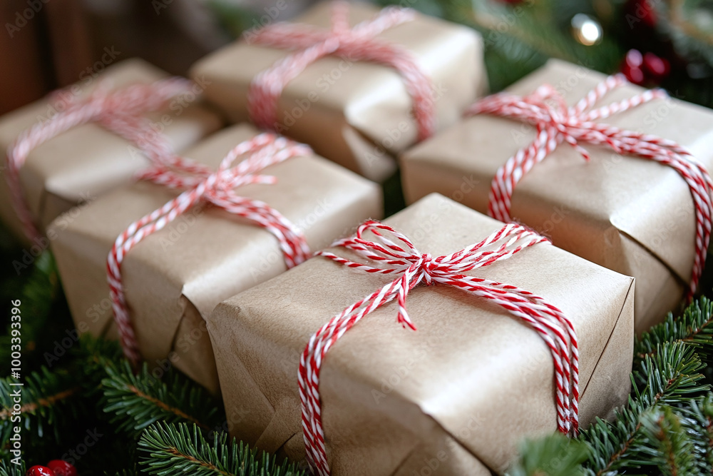 Christmas presents wrapped in brown paper with red and white twine. Christmas presents wrapped in brown paper with red and white twine.
