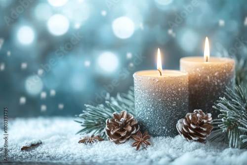 Elegant winter candles glowing softly amidst snow and pine, creating a serene atmosphere perfect for seasonal celebrations